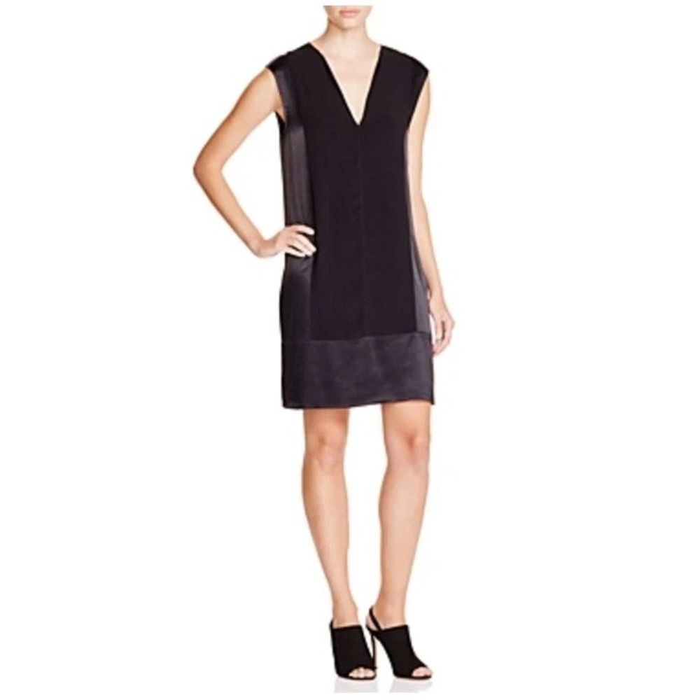 Vince Women Paneled V-neck Mini Shift Dress Sz L Black Viscose Party‎
